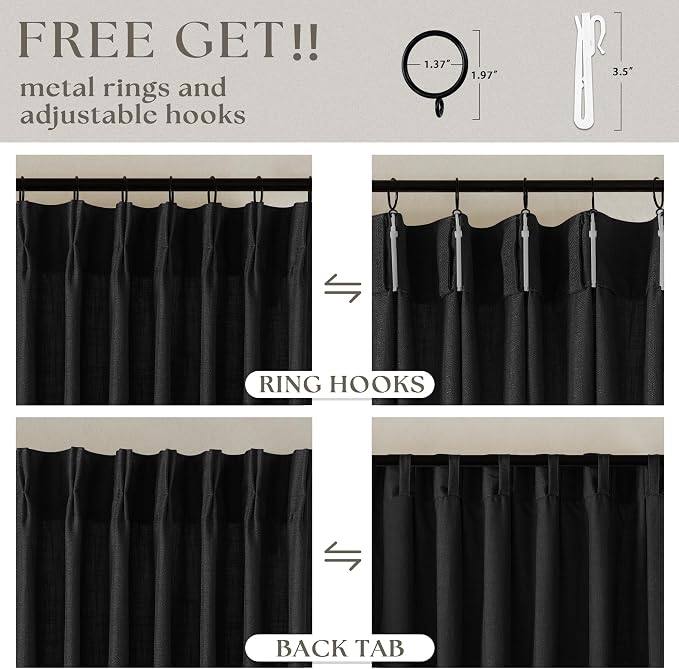 Black Pinch Pleated Linen Semi Sheer 96 Inch Curtains 2 Panels | Light Filtering - Image 5