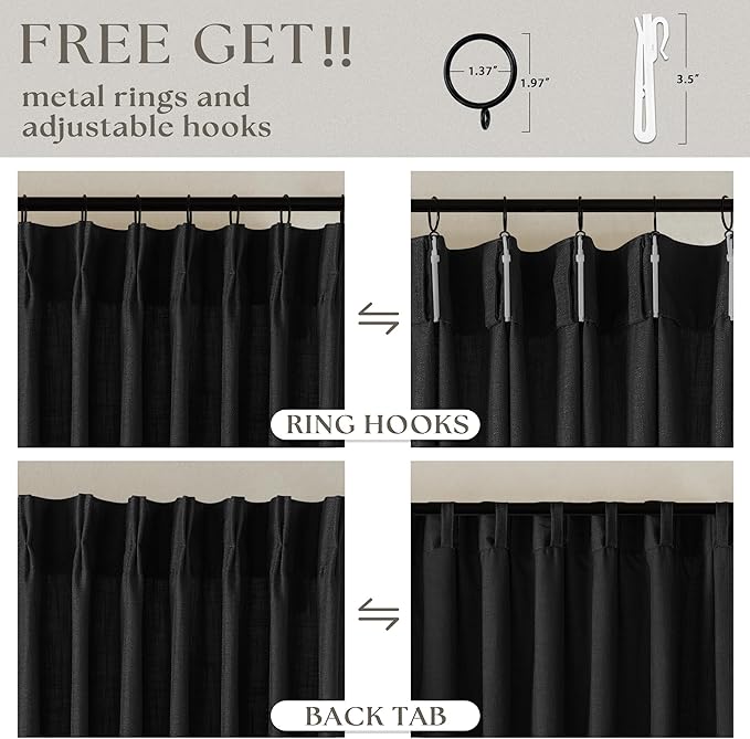 Black Pinch Pleated Linen Semi Sheer Curtains 45 Inch Length 2 Panels Set | - Image 5
