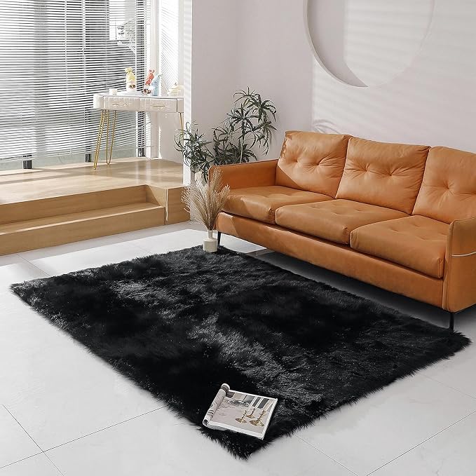 linmopm Faux Fur Rug Sheepskin Shag Fluffy Fuzzy 5x7 ft Black Rugs by Limopmfauxfurproducts