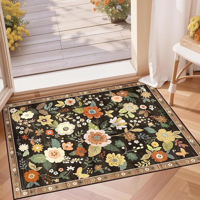 RELEANY Floral Washable 2x3 Area Rugs Doormat Black/Yellow | Flower Carpet by RELEANY