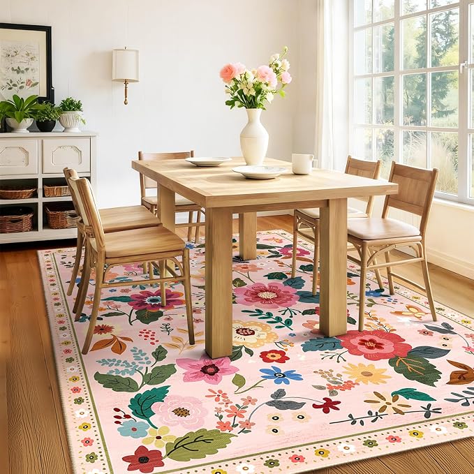 RELEANY Floral Washable 6x9 Area Rugs Pink | Flower Carpet Print Boho Cute Non - Image 9