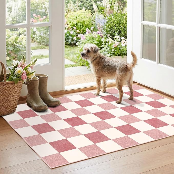 Pink White Checkered Rug by Othilic