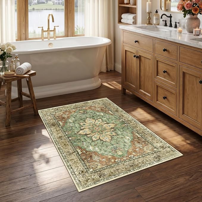 RELEANY Washable Area Rug, Small 2'6"x4', Brick/Brown/Green | Non-Slip by RELEANY