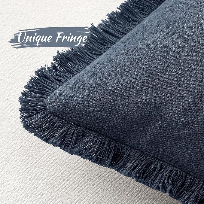 MIULEE Boho Linen Fringe Decorative Throw Pillow Covers Indigo Blue 18x18 | Set - Image 3