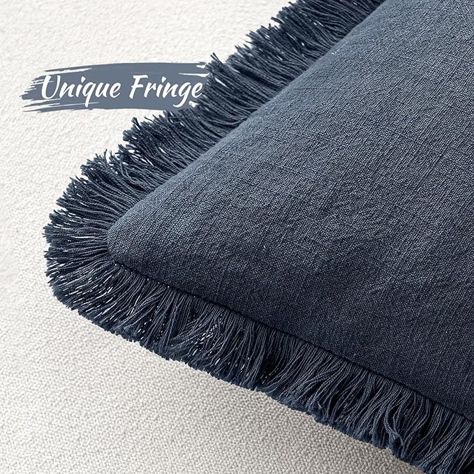 MIULEE Boho Linen Fringe Decorative Throw Pillow Covers Indigo Blue 20x20 | Set - Image 3