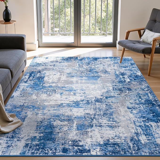 Rugflix 5x7 Area Rugs for Living Room, Washable Blue Grey Large Rug | Machine by RugflixAreaRugs