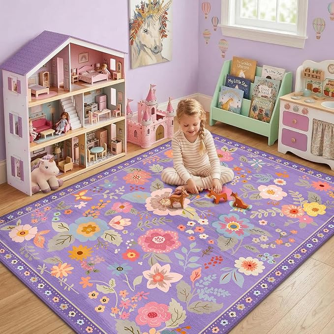 RELEANY Floral Washable 5x8 Area Rugs Purple/Pink | Flower Carpet Print Boho - Image 6