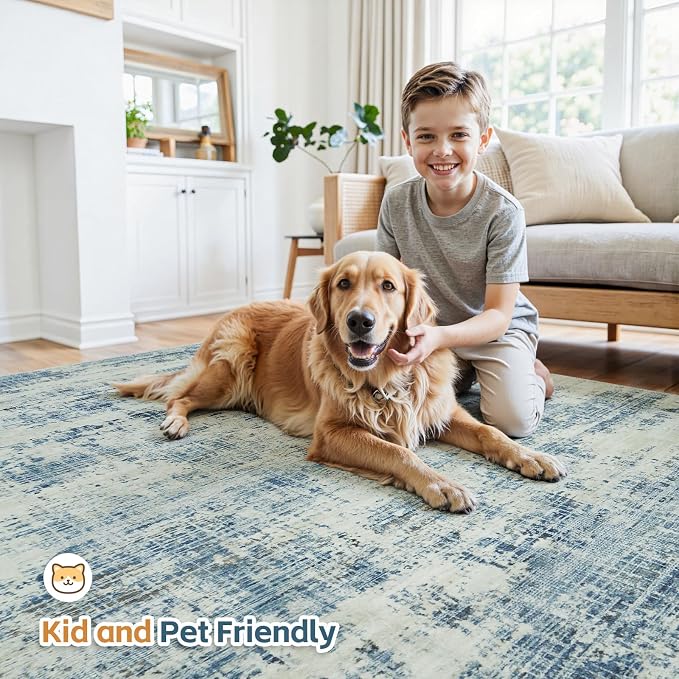 9x12 Washable Area Rug for Living Room Bedroom: Non-Slip Modern Blue Gray | - Image 7