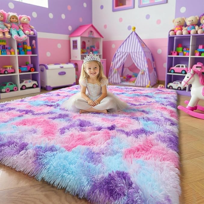 Amdrebio Pink Blue Purple Big Shaggy Rug 6x9 - Image 3