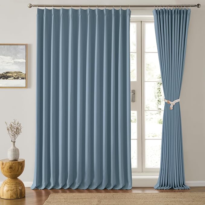 Dusty Blue Pleat Wide Width Drapes 80 x 102 inch Long 2 Panels by KEQIAOSUOCAI