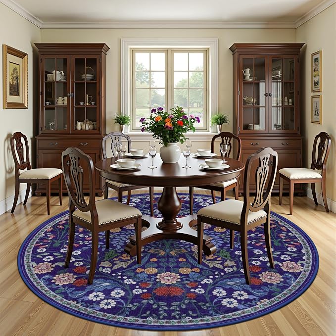 PLHXFR Round Area Rug Living Room: 8 ft Floral Washable Soft Carpet Blue | - Image 3