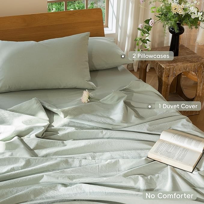 MooMee Bedding Duvet Cover Set 100% Washed Cotton Linen Like Textured Breathable Durable Soft Comfy (Heathered Sage Green, Oversized Queen 98"x98")
