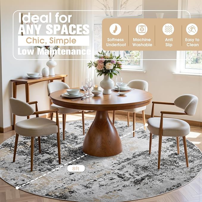 Round Rug 8ft Washable Rug for Dining Room Living Room Black Grey Gold | Modern - Image 3