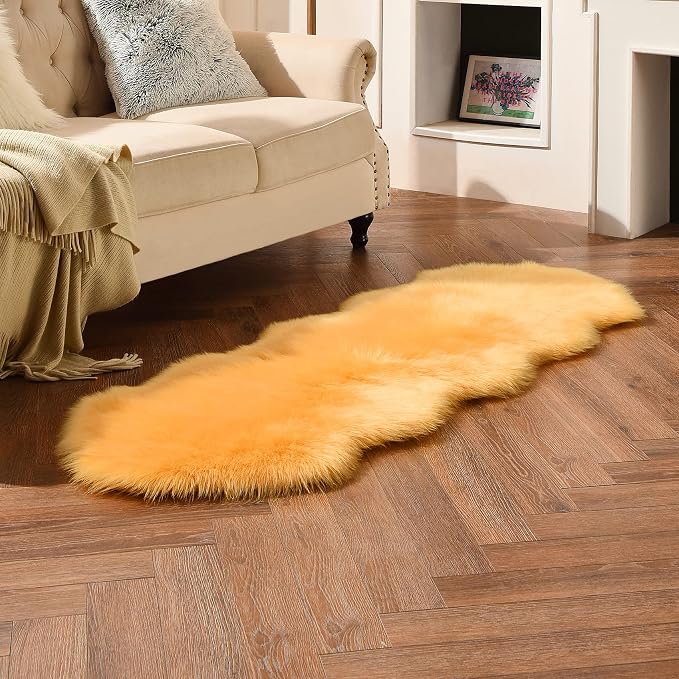 duduta Yellow Faux Sheepskin Runner Rugs 2x6 ft, Fluffy Fur Couch Covers | Shag - Image 6