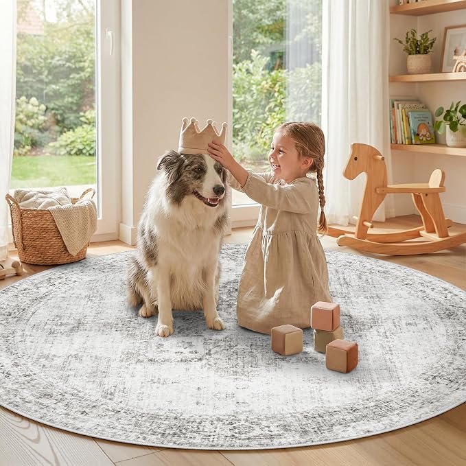 Round Rugs 6ft Washable Rug, Vintage Boho Medallion Rugs Non-Slip Soft Low Pile - Image 2