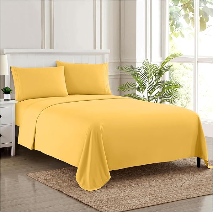 Split King Sheets - Breathable Luxury Sheets with Full Elastic & Secure Corner Straps Built In - 1800 Supreme Collection Extra Soft Deep Pocket Bedding Set, Sheet Set, Split King Size, Yellow