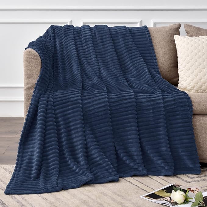BEDELITE 3D Ribbed Navy Blue Fleece Throw Blanket - Image 2