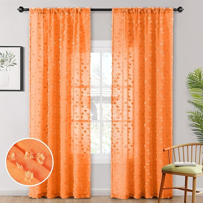 MYSKY HOME Pom Pom Orange Sheer Curtains for Bedroom Girls Room Curtains 84 Inches Long for Nursery Kids Light Filtering Boho Window Drapes, Rod Pocket, 38" Wide, 2 Panels