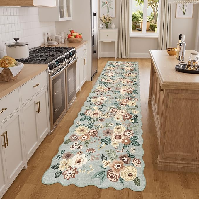 DUKINO 2x8 Washable Runner Rug, Floral Non Slip Kitchen Rugs, Sage Green | Low - Image 3