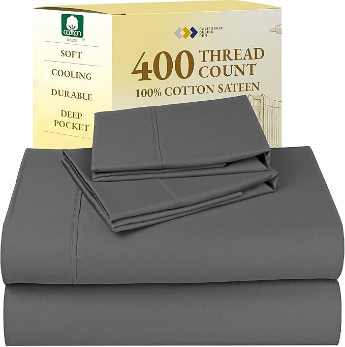 California Design Den Soft Queen Sheet Set - Soft 400 Thread Count Sateen, Natural 100% Cotton Sheets for Queen Size Bed, Deep Pockets for a Snug Fit, Durable Bedding Set - Grey