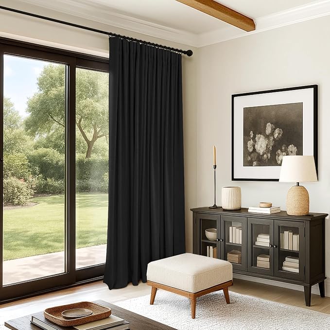 INOVADAY Linen Textured 100% Blackout Sliding Door Curtains 102x108 Black | 1 - Image 4