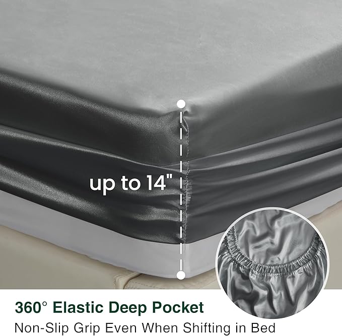 Love's cabin California King Satin Sheet Sets - 4 Piece Dark Grey Silky Sheets Bed Set with Deep Pocket, Luxury Silk Feel Satin Cal King Sheet Set (1 Flat Sheet,1 Fitted Sheet,2 Pillow Cases)