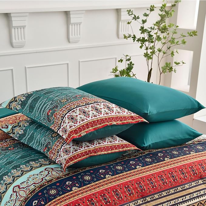 Boho King Size Comforter Set 8 Pieces,Green and Brown Bohemian Striped Bed in a Bag,Floral Soft Microfiber Bedding Comforter Set