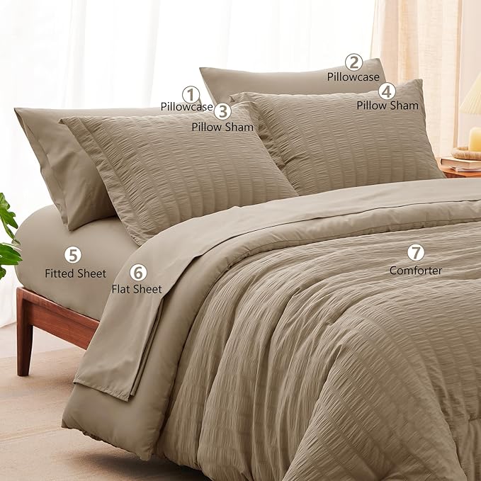 CozyLux Queen Comforter Set Taupe Seersucker 7 Pieces Bed in a Bag Queen Comforter Set with Sheets, Luxury Soft Bedding Set with Down Alternative Comforter, Sheets, Pillowcases & Shams for All Seasons