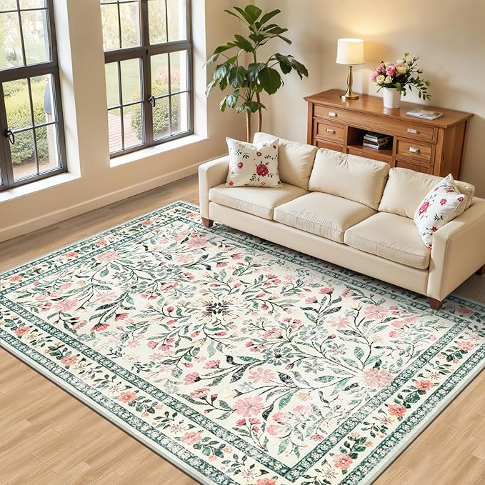 PLHXFR 6x9 Area Rug Living Room: Floral Washable Boho Carpet Green Beige | by PLHXFRSoftAreaRugs