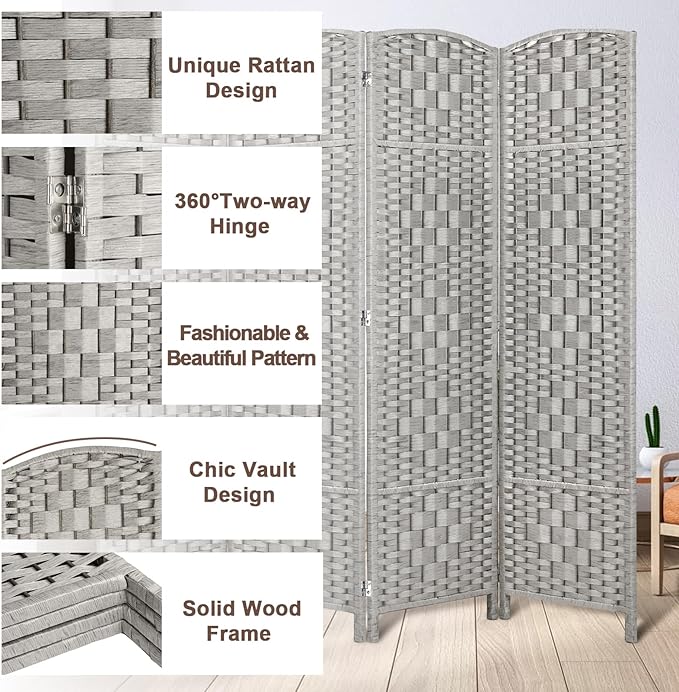 Rose Home Fashion 6 ft Tall Room Divider, Room Dividers and Folding Privacy Screens, 15.7in Privacy Screen 8 Panel Partition Temporary Wall Separation for Private, Stone Grey