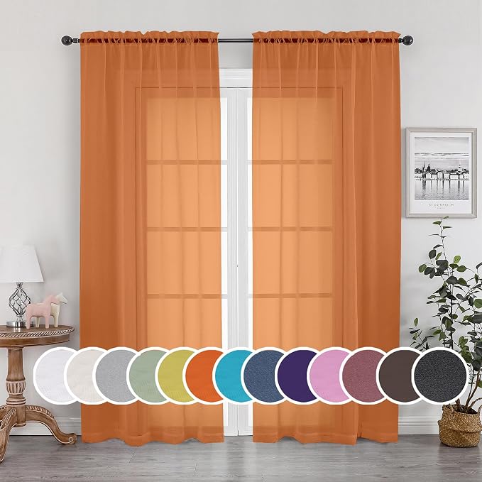 Sheer Orange Curtains, Sheer Curtains 84 inch Length 2 Panels Set, Rod Pocket by OWENIE