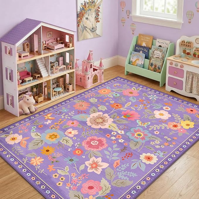 RELEANY Floral Washable 6x9 Area Rugs Purple/Pink | Flower Carpet Print Boho - Image 2