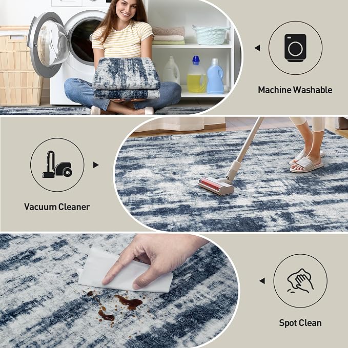 2'6''x8' Runner Rugs Washable Rug: Modern Abstract Hallway Blue Grey Carpet | - Image 4