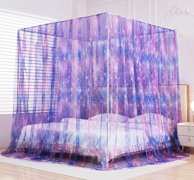 Mengersi Tie Dye Canopy Bed Curtains with Lights,Gradient Ombre Bed Canopy for Girls,Canopy for Bed Princess Bed Drapes for Girls Room Decor(Full,Purple)