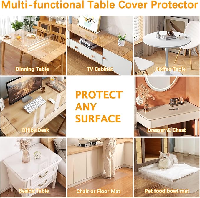 Multisize Clear PVC Table Cover Protector Large Plastic Crystal Table Pad Rectangular Tablecloth Dining Kitchen Coffee Table Wood Furniture Protective Cover Vinyl Table cloth Desk Pad 60 x 72 Inch 6ft