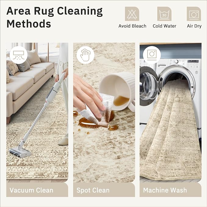 Soalmost 5x7 Area Rugs Light Brown Washable Trendy Faded Style Floral Rugs | - Image 8