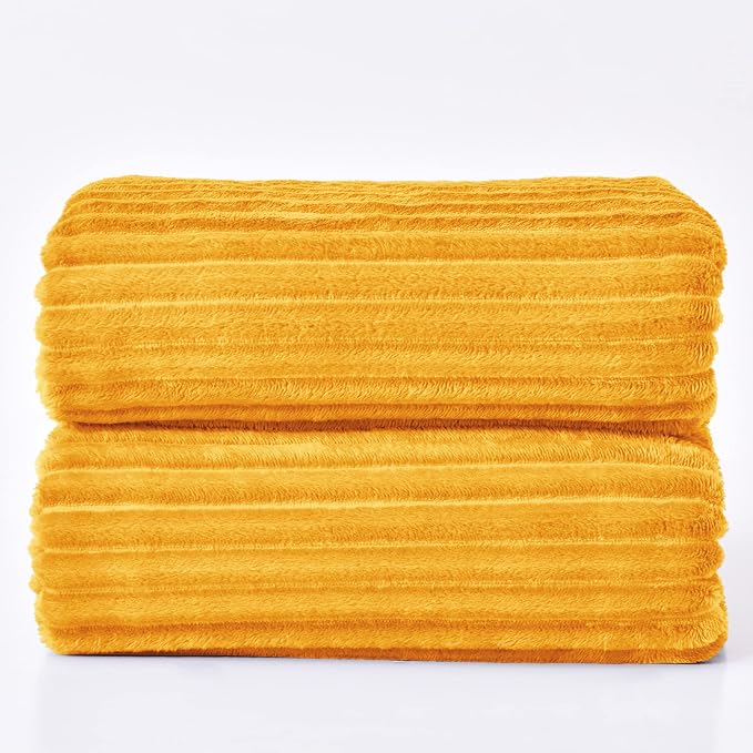 BEDELITE Ribbed Mustard Yellow Fleece Throw Blanket - Image 7