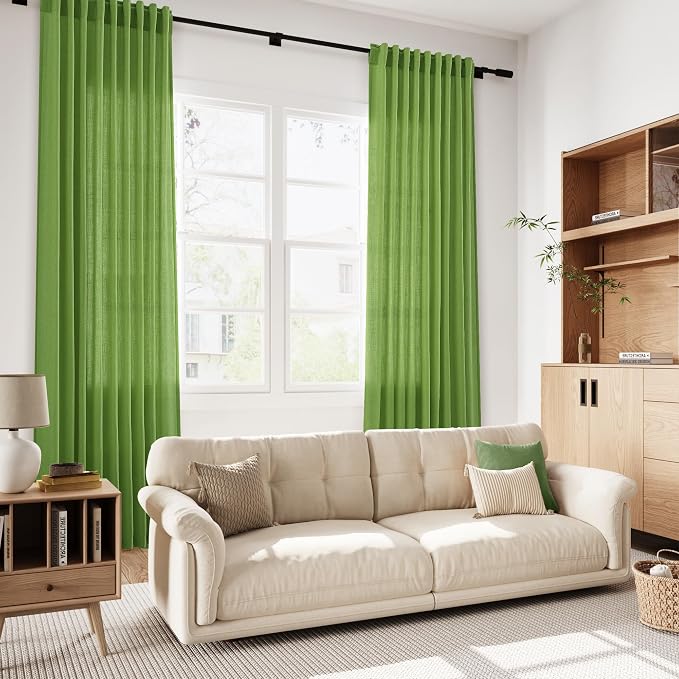 Lime Green Linen Blend Light Filtering Back Tab Curtains 96 Inches Long - Image 7