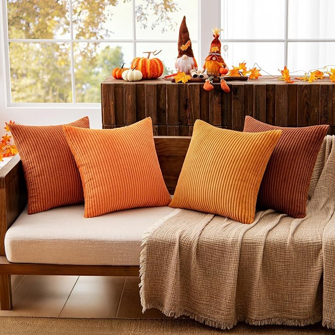 MIULEE Fall Corduroy Decorative Throw Pillow Covers Orange Rust 18x18 | Set of 4 - Image 3