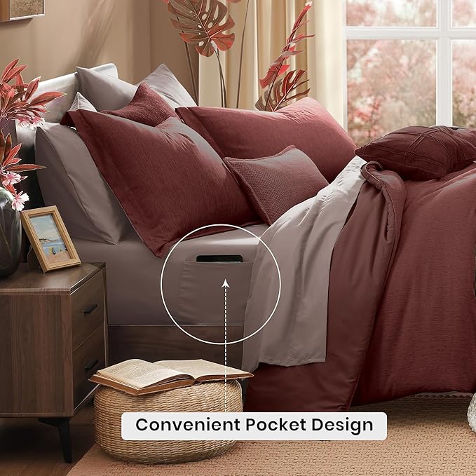 Monbix King Size Comforter Set, 7 Pieces Dark Red King Size Bed Set Reversible,Cationic Dyeing Bed in a Bag with Comforter, Sheets, Pillowcases & Shams