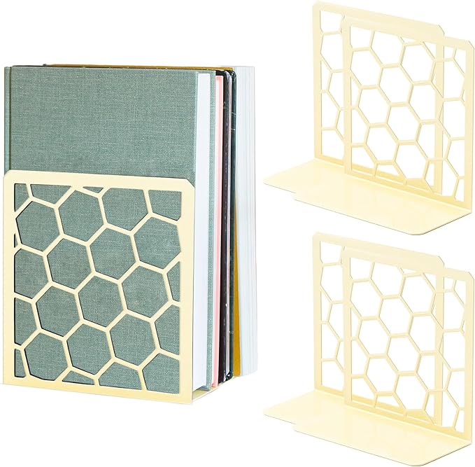 GEOMOD Geometric Honeycomb Yellow Metal Bookends Decorative - Tall Sturdy Book Ends for Shelves - Modern Heavy Duty Bookend Stopper - Office Shelf Book Holder - 6x3.25x6.25 Inches - 2 Pair