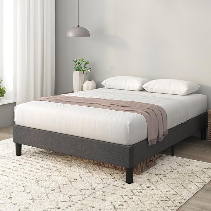 ZINUS Curtis Upholstered Platform Bed Frame, Mattress Foundation, Wood Slat Support, No Box Spring Needed, Eco Friendly WonderBox (TM) Packaging, Dark Grey, Full