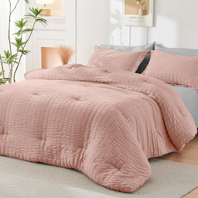 HYMOKEGE Rose Gold/Light Grey California King Comforter Set Seersucker 7 Pieces, All Season Luxury Bed in a Bag for Bedroom, Bedding Set with Comforter, Sheets, Pillowcases & Shams