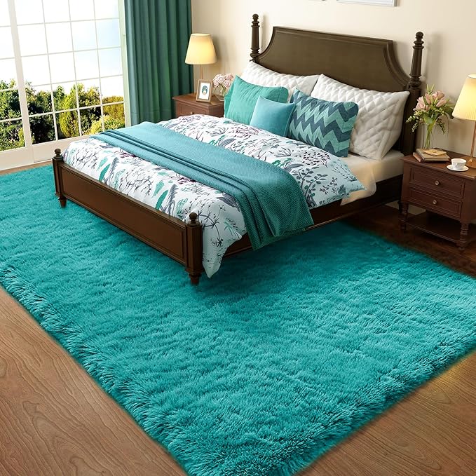Ophanie Teal Rugs for Bedroom Living Room, Fluffy Fuzzy Furry Carpet, Plush by Ophanie