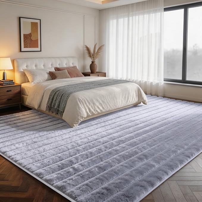 Blue Grey Rabbit Striped Plush Rug 8'x10', Fluffy Shaggy Area Rug - Image 2