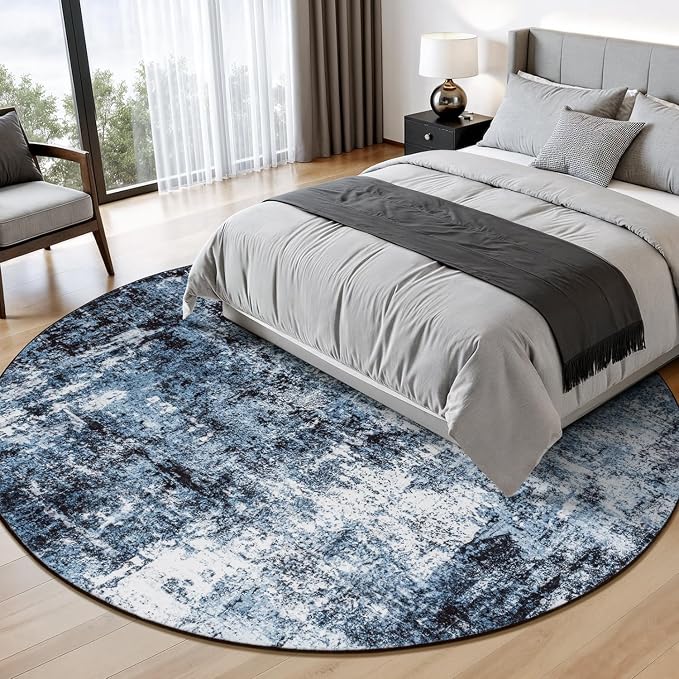 Rugflix Round Area Rugs 8Ft for Living Room, Washable Navy Blue Circle Rug | - Image 2