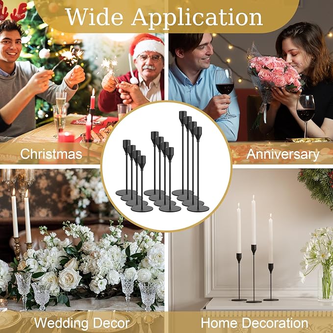 Black Taper Candle Holders Set of 12 Candlestick Holders Bulk, Metal Candle Stick Holder Decor for Wedding, Dinning, Xmas Party or Anniversary, Fits 3/4 Inch Thick Candle