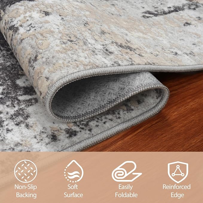 Round Rug 5ft Washable Rug for Dining Room Living Room Black Grey Gold | Modern - Image 7
