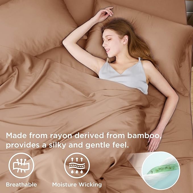Bedsure Queen Sheet Set, Rayon Derived from Bamboo, Cooling Sheets, Breathable & Soft, Deep Pocket Up to 16 Inches, Hotel Luxury Silky Bedding for Hot Sleepers, Khaki