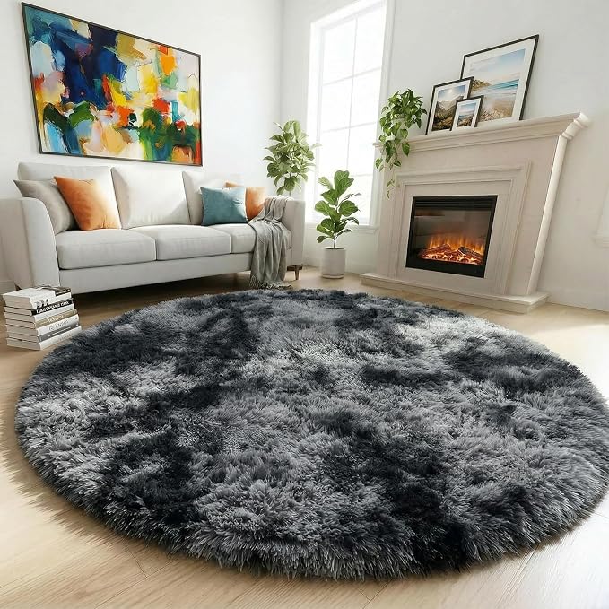 Amdrebio Tie-Dyed Dark Grey Circle Area Rug 5Ft by Amdrebio